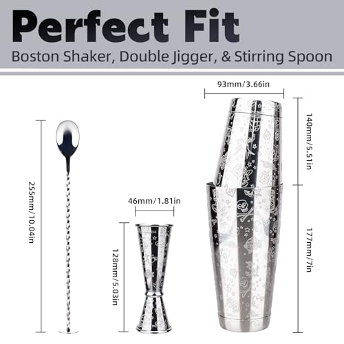 MeowvCraft Boston Cocktail Shaker Set, Bartender Kit 3-Piece with Jigger, Mixing Spoon, Etched Mermaid Design Stainless St...
