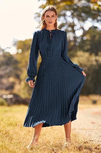 PRETTYGARDEN Women's 2026 Spring Fall Midi Dress Casual Long Sleeve V Neck Swiss Dot Pleated A Line Flowy Dresses