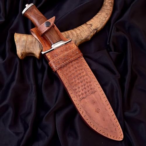 Handmade D2 Steel 15 Inch Bowie Knife with leather sheath - Survival Hunting knife with steel Guard, Rosewood Handle Ideal...