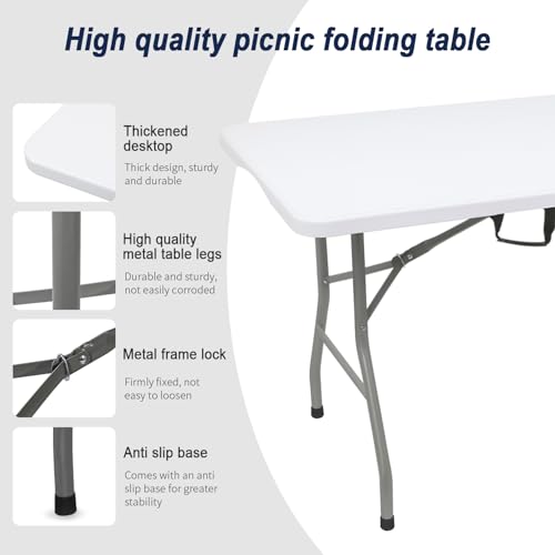 HUZJIEHUI 70.8" W X 29" D X 29" H - 6 ft Folding Table White Portable Heavy Duty Plastic Fold-in-Half Utility Foldable Tab...
