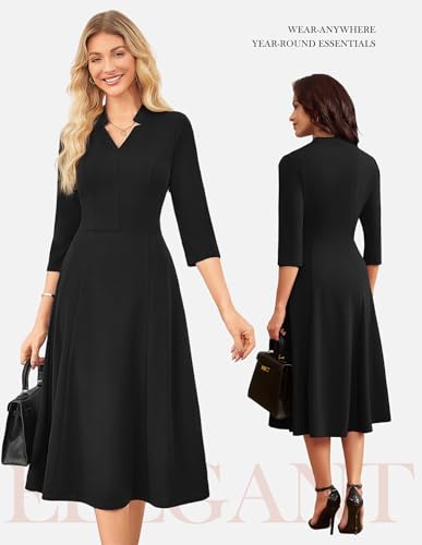 GRACE KARIN Work Dresses for Women 2025,Midi Business Dress,3/4 Sleeve Classy Fit and Flare Dress with Pocket