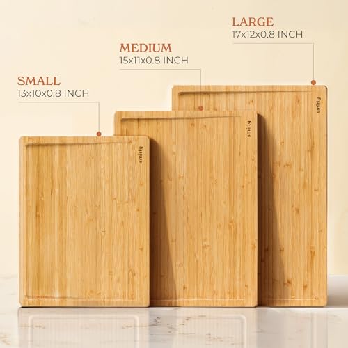 SMIRLY Bamboo Wooden Cutting Boards for Kitchen, Set of 3 Large - Small, Bamboo Wood Cutting Board Set with Deep Juice Gro...