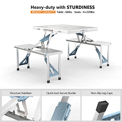 VINGLI 4Ft Folding Camping Picnic Table with Seats/Umbrella Hole-265 Lbs Support That Lightweight and Fold Up Card Suitcas...