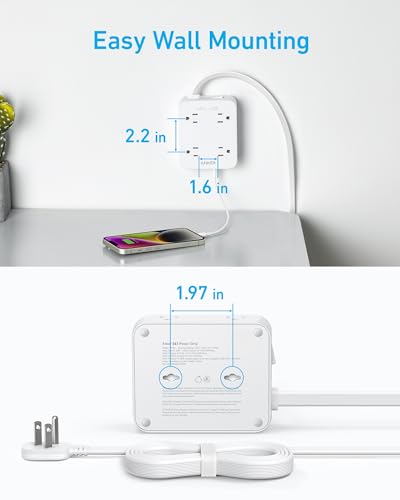 Anker Surge Protector Flat Plug Power Strip 2000J, 5ft Thin Extension Cord, 8 Outlets,2 USB A and 1 USB C Port,20W for iPh...