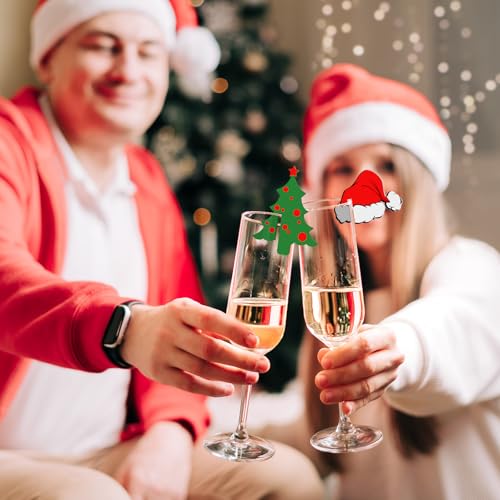 Colingmill 50 Pcs Christmas Tree Santa Hat Drink Markers Christmas Drink Garnish Acrylic Reusable Wine Glass Charms for Xm...