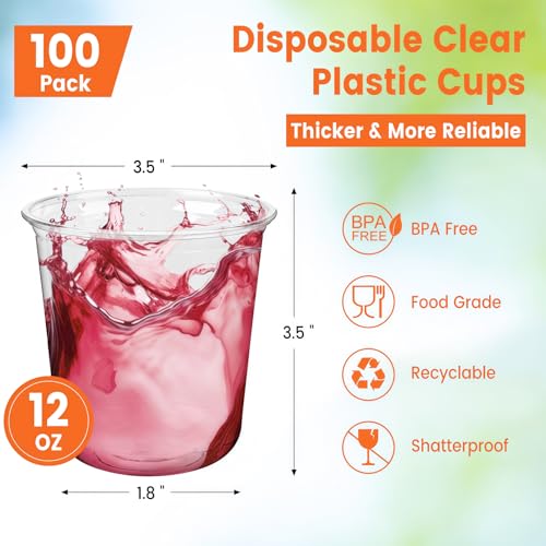 Jycnolm 100 Pcs Disposable Stemless Glasses 12 Oz Plastic Wine Glasses Cocktail Clear Party Cups for Meeting, Wedding, Bir...