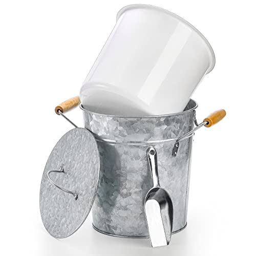 Frcctre Farmhouse 4 Liter Ice Bucket with Lid, Galvanized Metal Beverage Tub with Scoop and Handles, Drink and Wine Chille...