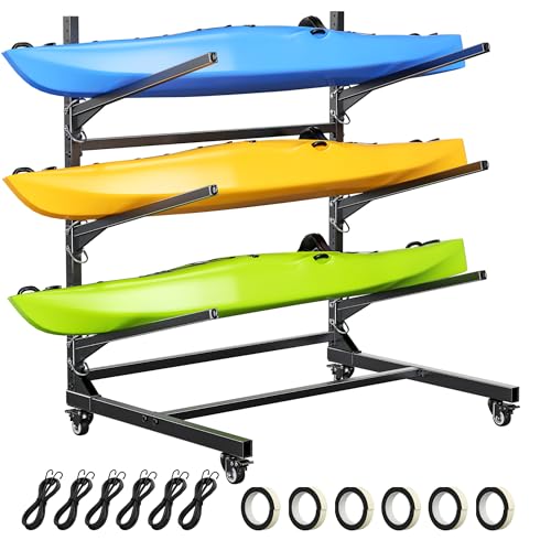 POKIPO Kayak Storage Rack,Heavy Duty Kayak Stand with Wheels 3 Layer Freestanding Wall Mount Rack Adjustable Kayak Rack fo...