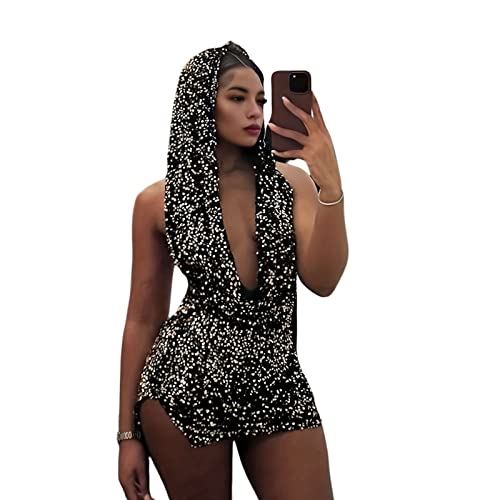 Novaorily Women Sexy V-Neck Bodycon Sequin Mini Dress Hooded Sparkly Dresses for Party Club Night