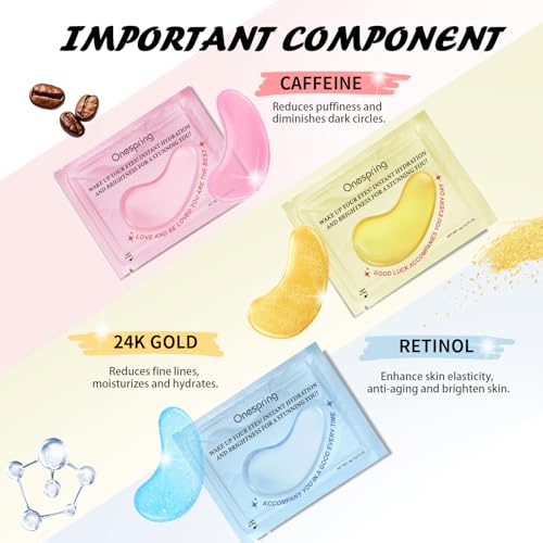 Onespring Eye Masks (24 Pairs) - Gifts for Her - Caffeine, 24K Gold and Retinol Under Eye Patches for Puffy Eyes, Dark Cir...