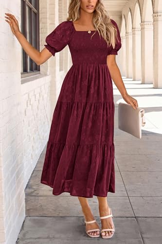 PRETTYGARDEN Women's 2026 Summer Casual Midi Dresses Square Neck Short Sleeve Smocked A Line Floral Flowy Elegant Boho Dress