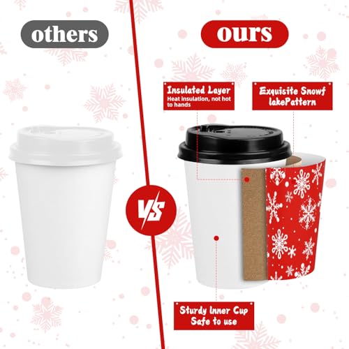 FULJOOY 100 Sets Snowflake Gingerbread Man Christmas Tree Candy Disposable Coffee Cups with Dome Straws Sleeves 12 oz Pape...