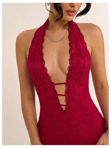 SweatyRocks Women's Sexy Deep V Neck Lace Halter Mini Dress Open Back Bodycon Club Dresses Rave Outfits
