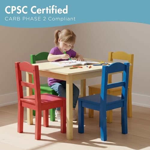 Humble Crew Kids Wooden Table and 4 Chairs Set, Natural/Primary - Kids Table and Chair Set for Toddlers and Children for A...