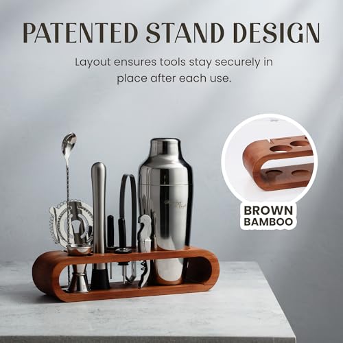 Mixology & Craft Cocktail Shaker Set with Dark Bamboo Stand - Professional 10-Piece Bartender Kit - Complete Bar Set & Coc...