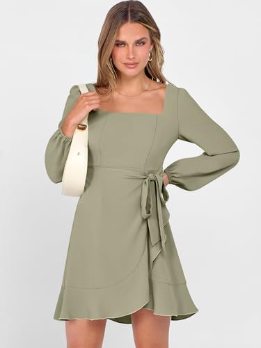 ANRABESS Womens Dress Long Sleeve Square Neck Tie Waist Ruffle Hem Short Cocktail Wedding Guest Fall Party Club Mini Dresses