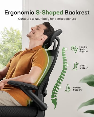 Marsail Ergonomic Mesh Office Chair High Back Desk Chair Adjustable Lumbar Support with Headrest Flip-Up Liftable Arms Swi...