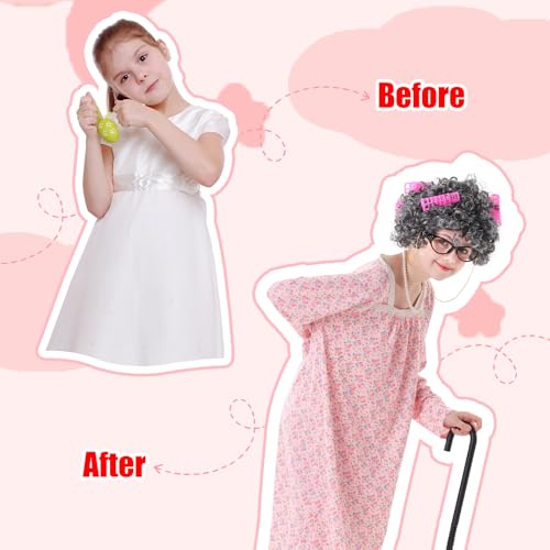 VICAMB 13PCS 100 Days of School Costume Girls Old Lady Costume Kids Grandma Dress Granny Costume Outfit