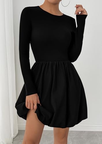 PRETTYGARDEN Fall Dresses for Women 2026 Casual Long Sleeve Bubble Cute Crew Neck A Line Mini Short Dress with Pockets
