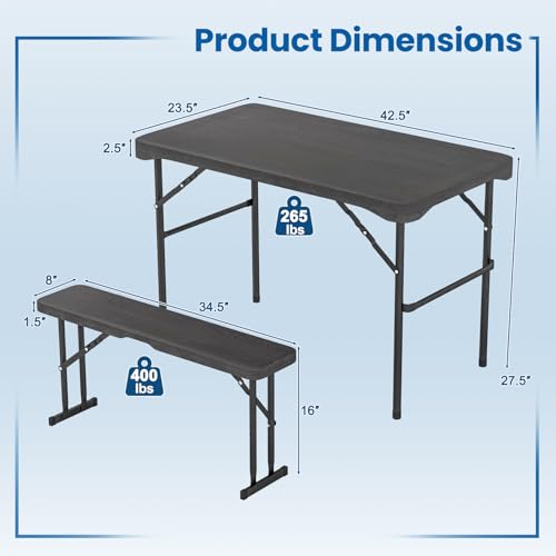 Tangkula Picnic Table with 2 Benches, 3 Piece Folding Picnic Table Set with HDPE Tabletop, Sturdy Metal Frame, 4 Person Pl...