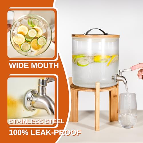 Glass Beverage Dispenser with Bamboo Stand 6.7 In and Lid, Iced 1.5 Gallon Drink Server with Spigot, Large Thick Glass Dri...