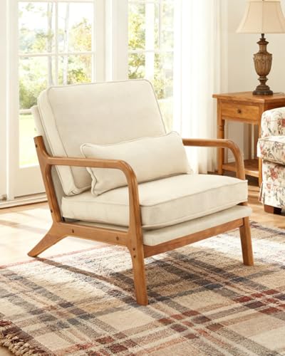 Karl home Accent Chair Mid-Century Modern Chair with Pillow Linen Fabric Upholstered Lounge Arm Chair with Solid Wood Fram...