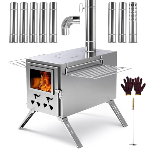 H&ZT Large Hot Tent Stove, Upgraded Wood Burning Stove with 9 Chimney Pipes, Portable Camping Heater for Cooking, Hunting...
