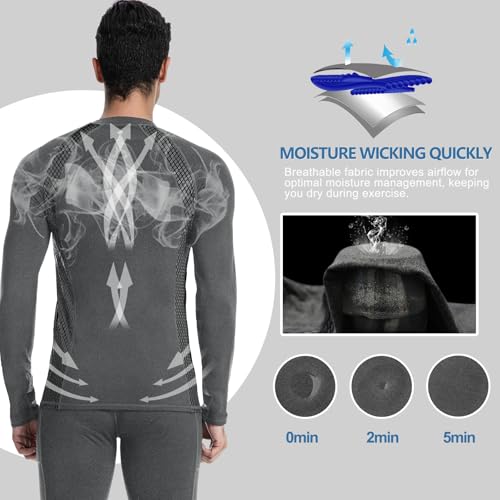 Men's Thermal Compression Shirt Fleece Lined Long Sleeve Athletic Base Layer Cold Weather Gear Workout Top Grey