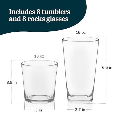 Libbey Preston Tumbler and Rocks Glass Cups Set, All Purpose Everyday Drinking Glasses Set of 16, Glassware Drinking Glass...