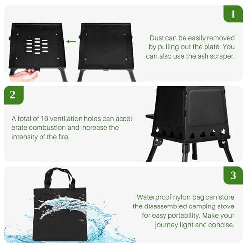 Wood Burning Stove, Portable Cast Iron Camping Wood Stove with Carrying Bag, Firewood Hook, Gloves Woodstove for Backpacki...