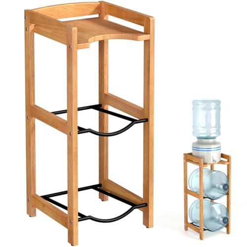 5 Gallon Water Jug Holder with Top Shelves, Natural Solid Wood Water Dispenser Stand 31"H, 3-Tiers 5 Gallon Water Jug Stan...