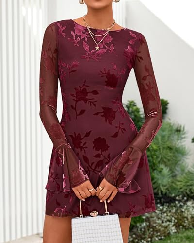 BTFBM Women Floral Wedding Guest Dress Spring 2026 Casual Long Sleeve Crew Neck Flowy Party Cocktail Mini Dresses