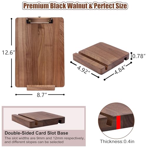 Walnut Wood Clipboard, 12.6" x 8.7" Menu Clip Board with Metal Clip and Stable Base, Solid Hardwood, Smooth Edges, Free St...