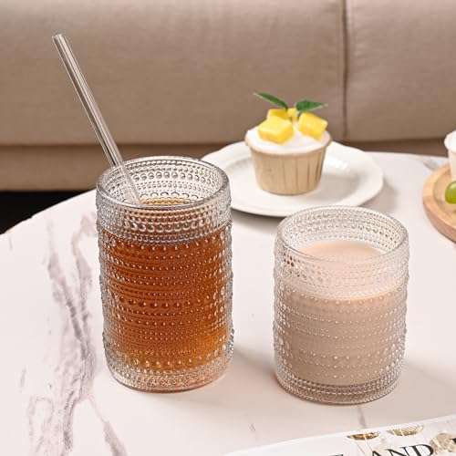 ZMOWIPDL Vintage Hobnail Drinking Glasses Set of 8,Clear 12 oz & 15oz Highball Glass Cups, Kitchen Drinkware Glassware,Emb...