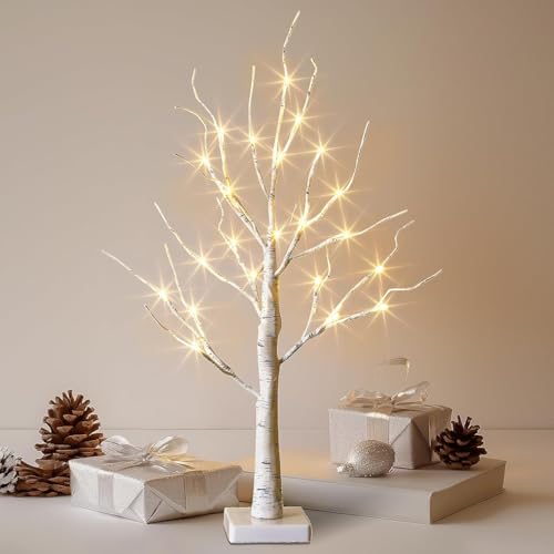 EAMBRITE Lighted Birch Tree Christmas Decorations for Home, White Birch Tree with Lights, 24 LED Lighted Mini Money Tree T...