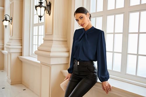 GRACE KARIN Women's Long Sleeve Satin Blouse,Mock Neck Work Silk Shirts,Dressy Tops for Business Casual Office