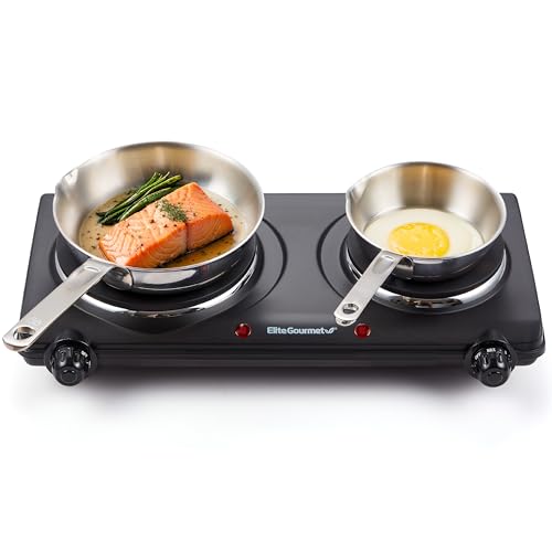 Elite Gourmet EDB-302BF# Countertop Double Cast Iron Burner, 1500 Watts Electric Hot Plate, Temperature Controls, Power In...