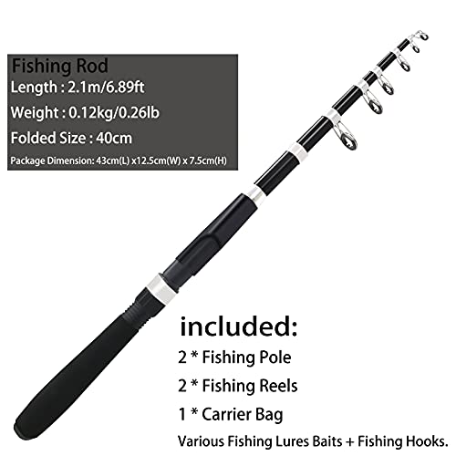 Fishing Pole Combo Set,2.1m/6.89ft 2PCS Collapsible Rods 2PCS Spinning Reels Lures Set Carrier Bag Carbon Fiber Telescopic...