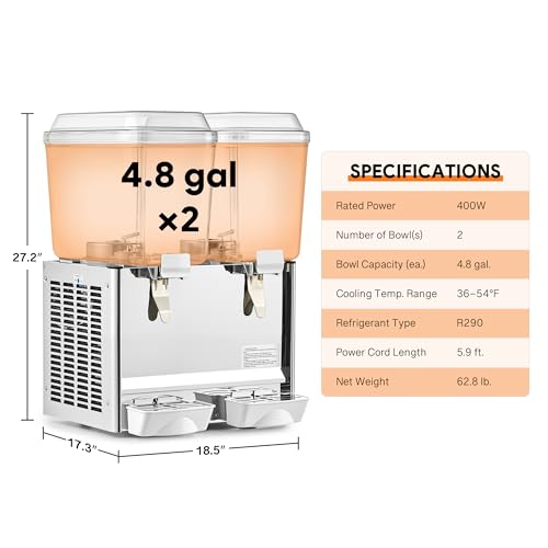 CO-Z Commercial Beverage Dispenser, 9.6 Gallon / 36L 2-Tank Electric Juice Dispenser Machine, Stainless Steel Cold Drink M...