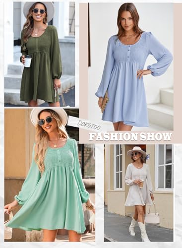 Dokotoo Womens 2026 Casual Dresses Smocked Crewneck Button Up Long Sleeve Empire Waist A-Line Mini Dress