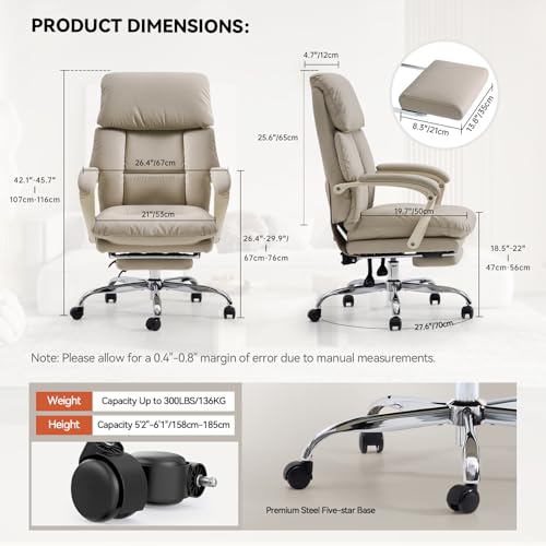 EMIAH Office Chair with Foot Rest, Ergonomic Executive Office Chair with Arms, Reclining High Back PU Leather Comfy Swivel...