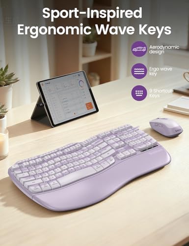 Purple Ergonomic Wireless Keyboard and Mouse Combo, Sablute 2.4G Full Size Ergo Wave Key Board with Cushioned Plam Rest, N...