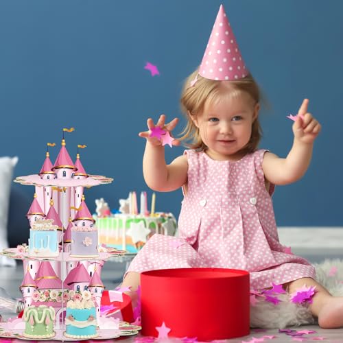 Zopeal 3 Tier Princess Birthday Cupcake Stand Party Decorations Floral Princess Cupcake Holder Pink Castle Crown Carriage ...