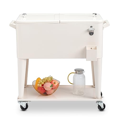 80 Quart Rolling Ice Chest,Portable Bar Drink Cooler,Camping BBQ Ice Chest Cart,Modern Beverage Cooler Cart,with Catch Bas...