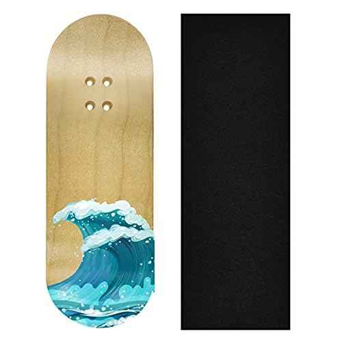 Teak Tuning Premium Fingerboard Graphic Deck, Waves - 34mm x 97mm - Heat Transfer Graphics, Pro Shape & Size - Pre-Drilled Holes - Includes Prolific Foam Tape