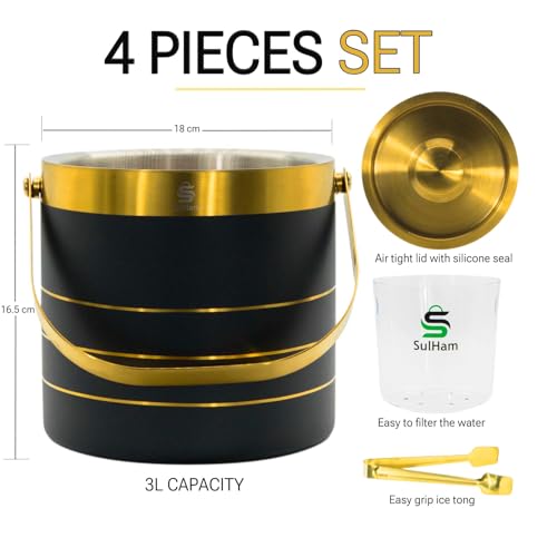 3L - Double-walled stainless Steel Ice Bucket with lid, Ice Tong and Inner Bucket for parties, cocktail bars and indoor an...