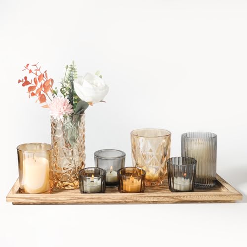 Rustic Wooden Tray with 8 Brown Glass Votive Candle Holders, Decorative Tea Light Holder Set for Mantel, Centerpiece, Dini...