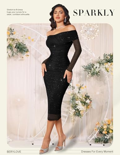 BeryLove Womens Sparkly Off Shoulder Formal Wedding Guest 2026 Cocktail Mesh Sequin Dress