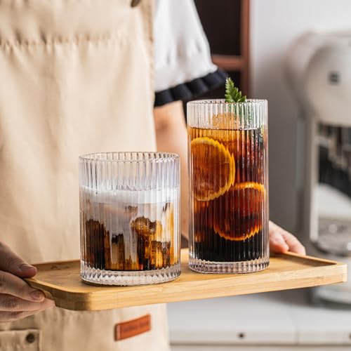 INSETLAN Set of 8 Vintage Glassware - 4 Highball Glasses 12 oz, 4 Rocks Glass Cups 14 oz, Ribbed Glassware Cocktail Glasse...