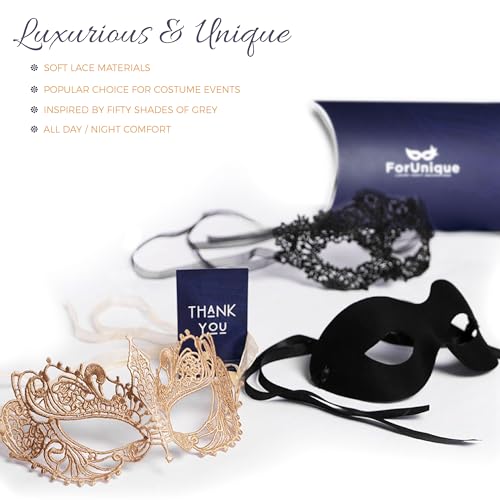 Masquerade Mask for Couples Women and Men - 3 Pack Venetian Gold and Black Lace, Mardi Gras Mask